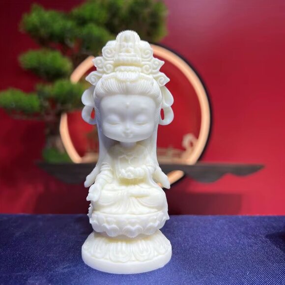 Mini GUANYIN BUDDHA Statue in Lotus Flower Small Baby -Ivory Resin-Bodhisattva - Picture 8 of 12